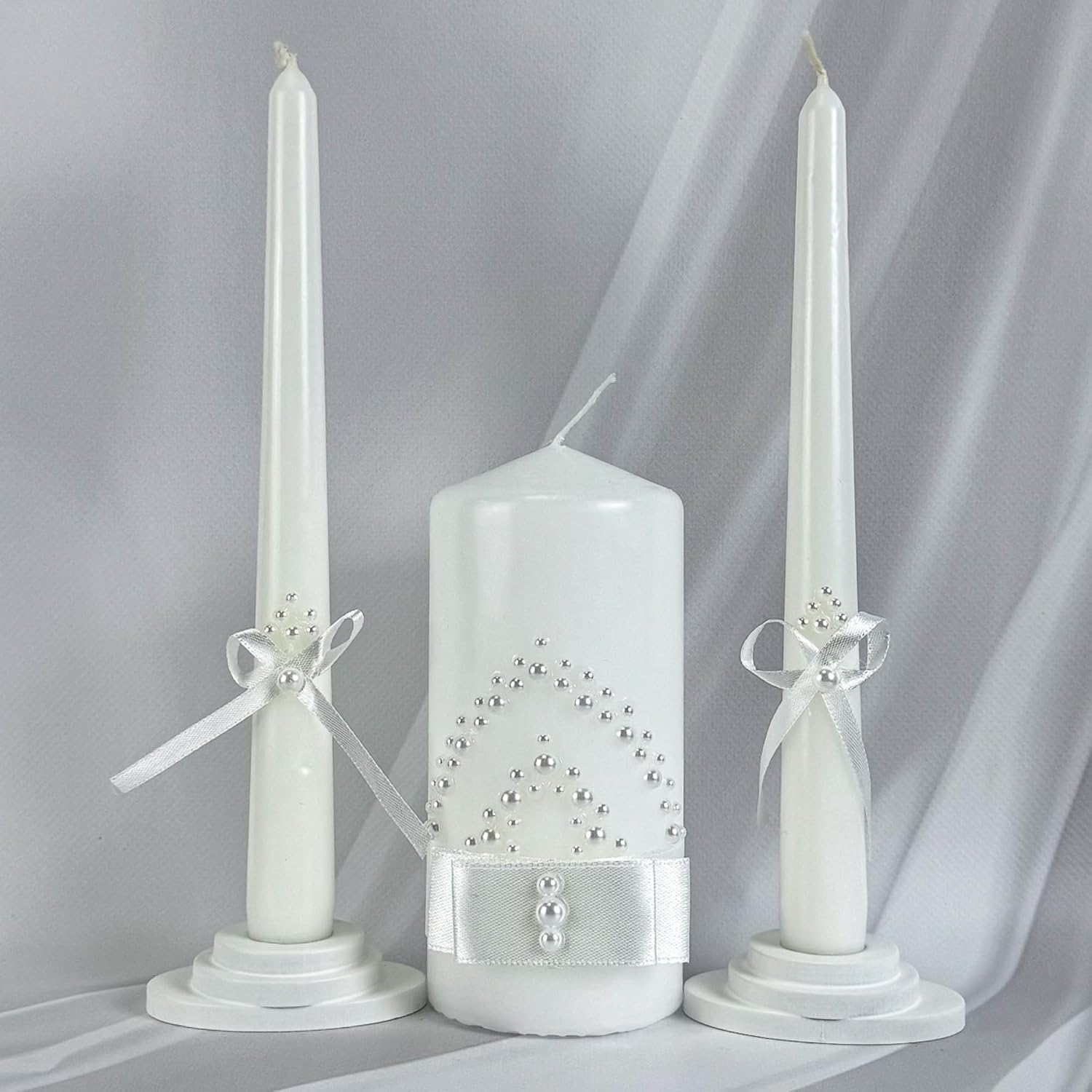 Pearl Promise Unity Candle Set for Wedding Ceremony Handmade White 6" Pillar & 2 Taper 10" Candles with Pearl Ribbon
