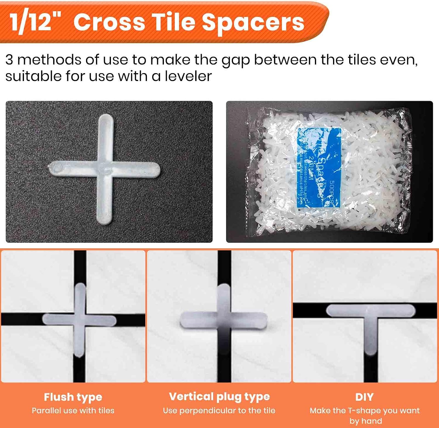 Tile Leveling System Kit,200pcs Reusable Tile Leveler Spacers+1000pcs 1/12" Cross-shaped Tile Spacers+5pcs