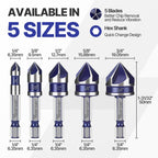 Vearter 1/4'' to 3/4'' Countersink Drill Bit Set 5PCS with 1/4" Hex Shank