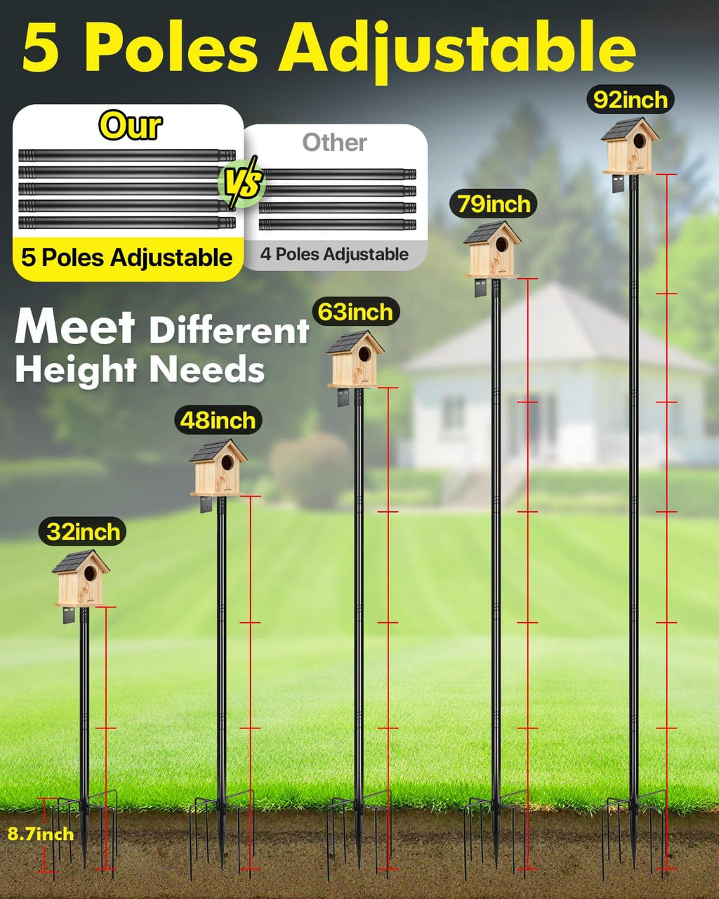 Smart Bird Feeder Pole Stand - 92 Inch Birdhouse Pole Heavy Duty Mounting Kits 7-Prong Base for Outdoor Metal