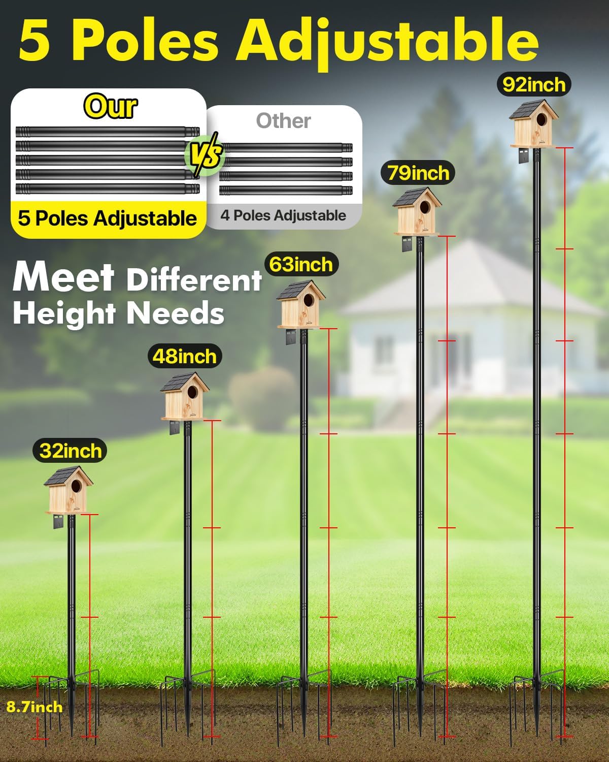 Smart Bird Feeder Pole Stand - 92 Inch Birdhouse Pole Heavy Duty Mounting Kits 7-Prong Base for Outdoor Metal