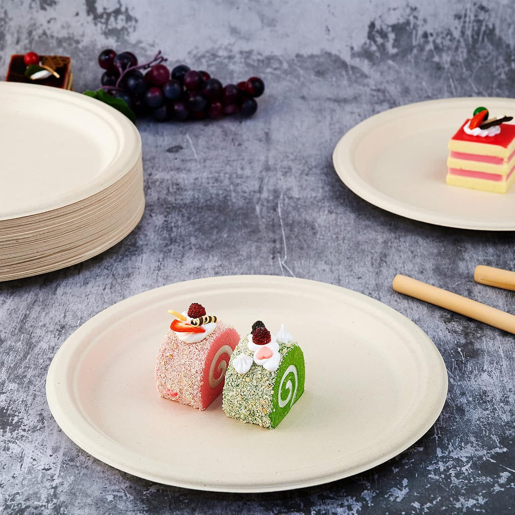 150 Pack Compostable Bagasse Paper Plates 10.25 inch, Nature