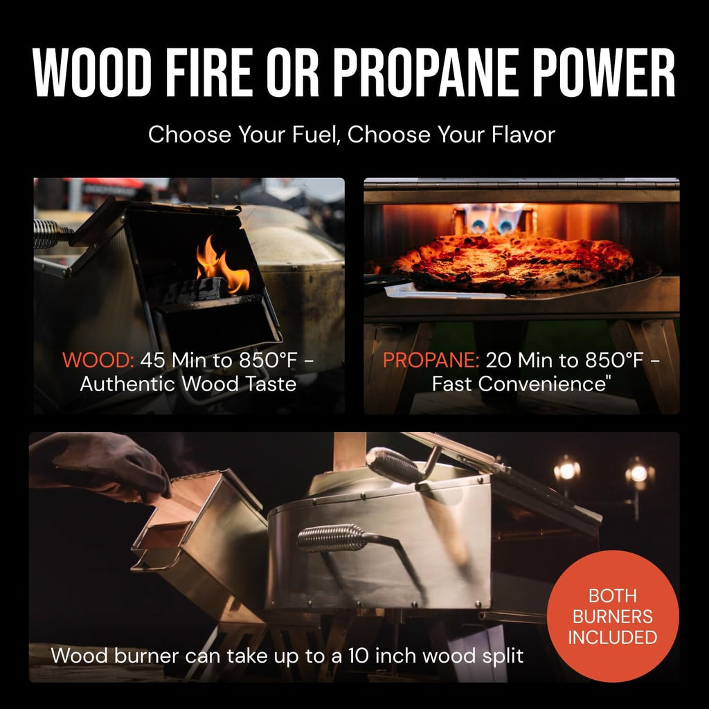 Pizza Oven - Dual Fuel Wood & Propane Portable Outdoor Pizza Oven with 16” Rotating Stone - 90 Second Cook at