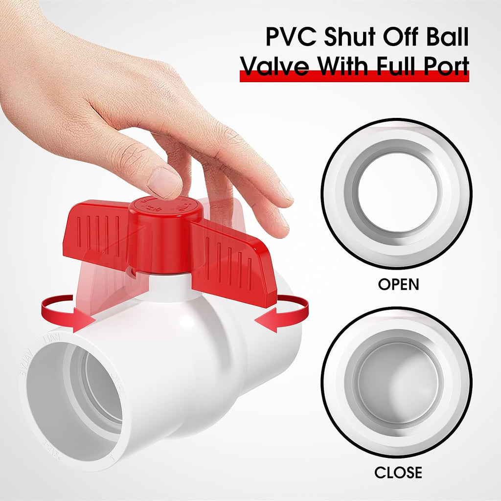 EPHECH 2PCS 2" PVC Ball Valve, SCH40 PVC Pipe Valve with Red T-Handle