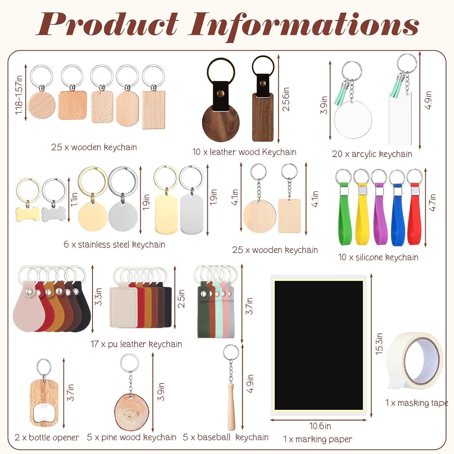 122 Pcs Laser Engraving Blanks, Keychain Bulk Material Accessories | Wood, Stainless Steel, Acrylic, PU Leather