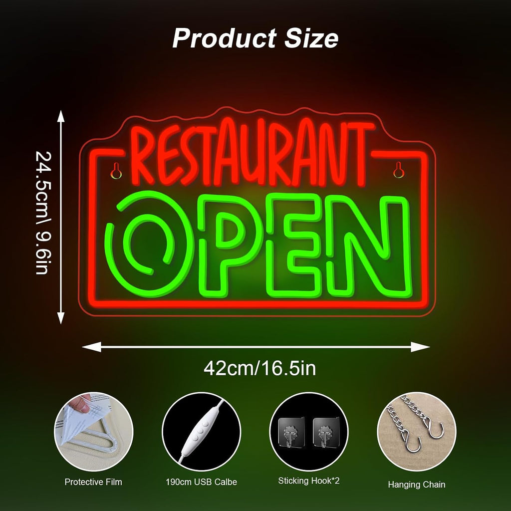 Restaurant Open Neon Sign Red Green LED Light for Business Wall Decor
