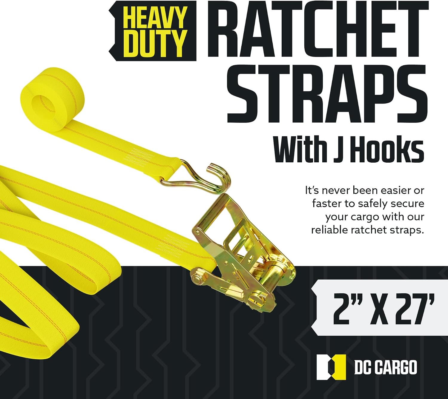 DC Cargo Tie-Down Ratchet Straps J-Hooks, (Pack of 2) Heavy Duty 2" x 27' Tie-Down Ratcheting Cargo Truck Straps Wire