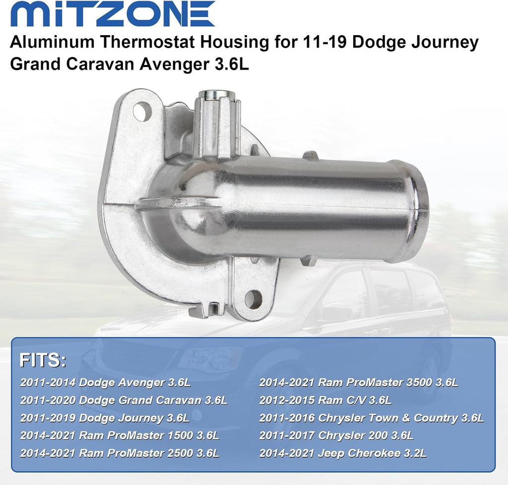 MITZONE Upgrade Aluminum Thermostat Housing Assembly Compatible with 2011-2021 Jeep Dodge RAM Chrysler 3.6L 3.2L V6 Vehicles - 200 Town & Country Avenger Grand Caravan Cherokee