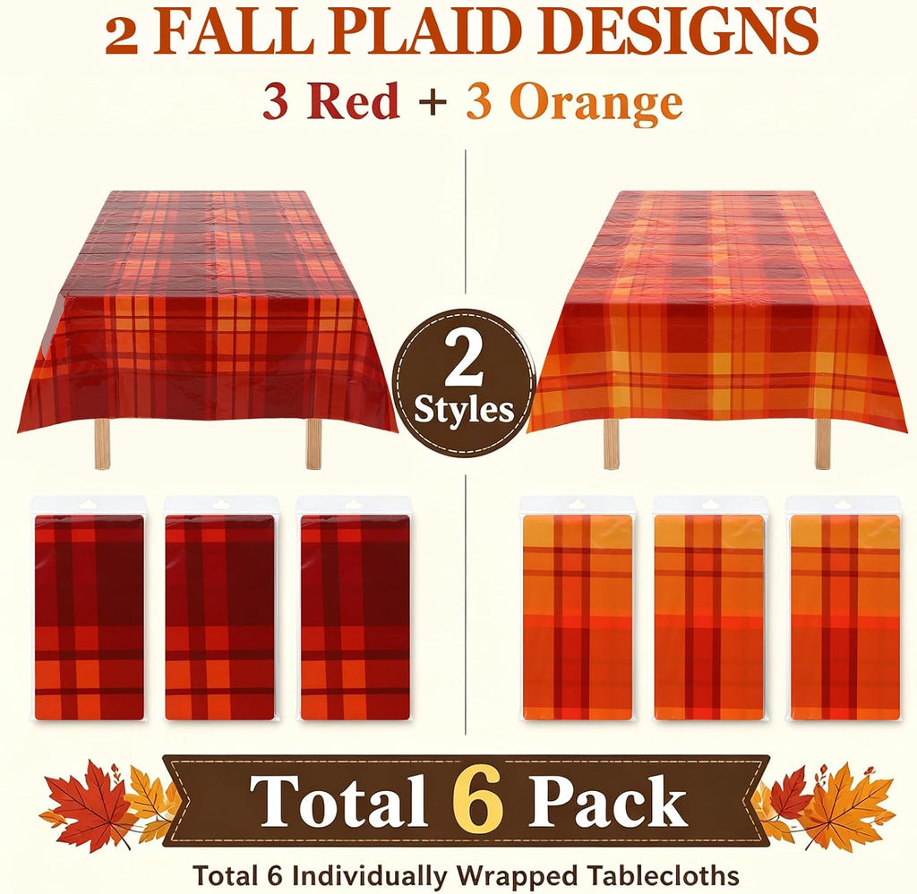 6 Pcs Fall Plastic Tablecloths Disposable Plaid