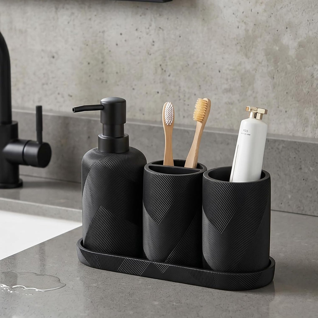 Bathroom Accessories Set, Bathroom Organizer Countertop, Matte Black, 4 PCS | Modern,Simple,Stripe, With 10OZ Soap