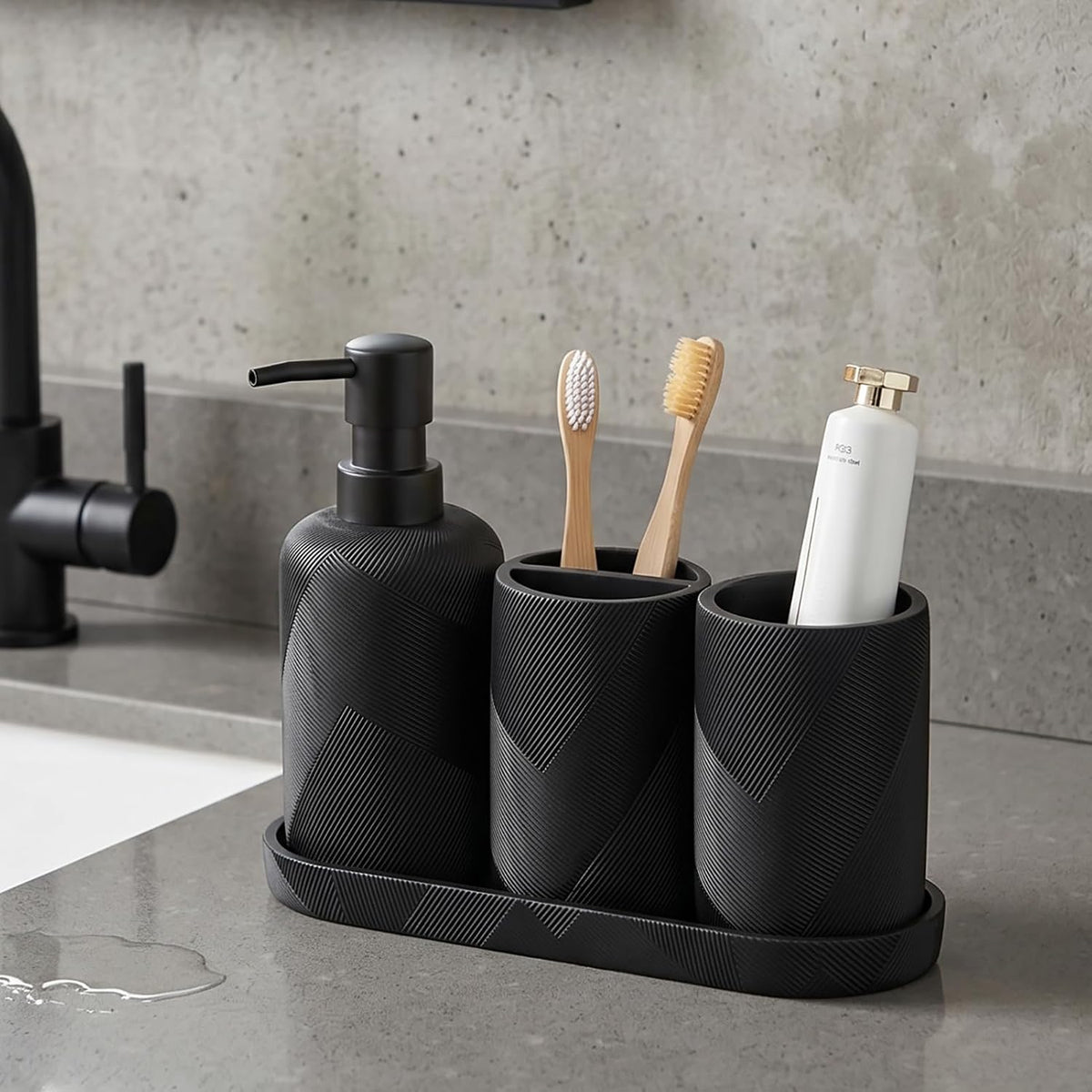 Bathroom Accessories Set, Bathroom Organizer Countertop, Matte Black, 4 PCS | Modern,Simple,Stripe, With 10OZ Soap