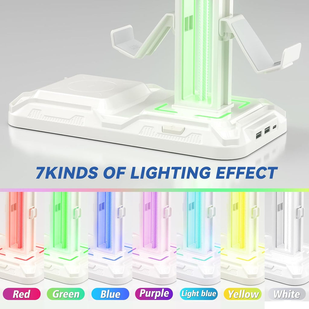 RGB Headphone & Controller Stand with Wireless Charging - Rotatable Headset Stand with 9 Light Modes - Controller