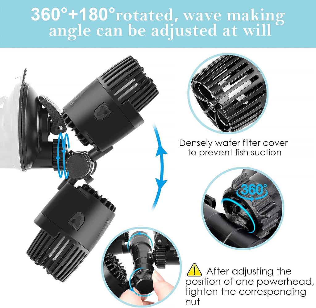 Aquarium Wave Maker,Suction Cup Fish Tank Double Powerhead Pump | 8W/12W/20W/25W 110V/60Hz Ultra Quiet Submersible