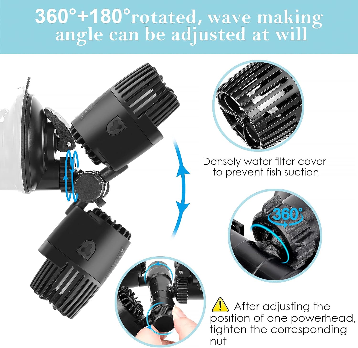 Aquarium Wave Maker,Suction Cup Fish Tank Double Powerhead Pump | 8W/12W/20W/25W 110V/60Hz Ultra Quiet Submersible