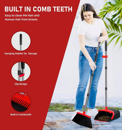 2-Pack is More economical,Brooms with Dustpan Combo Set， with 52" Long Handle, Dustpan Teeth with self-Cleaning