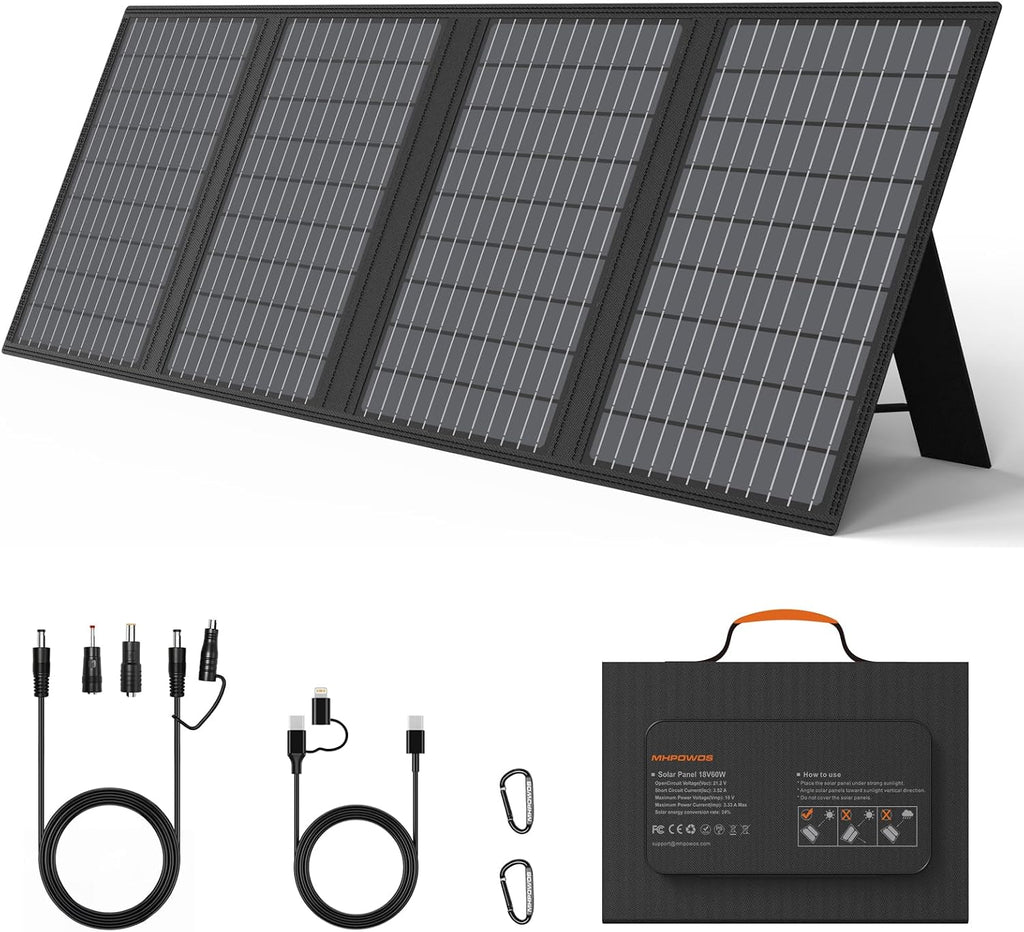 60W Portable Solar Panels Charger with USB-C, USB-A and DC Outputs | Foldable IP67 Waterproof Solar Phone Panel for