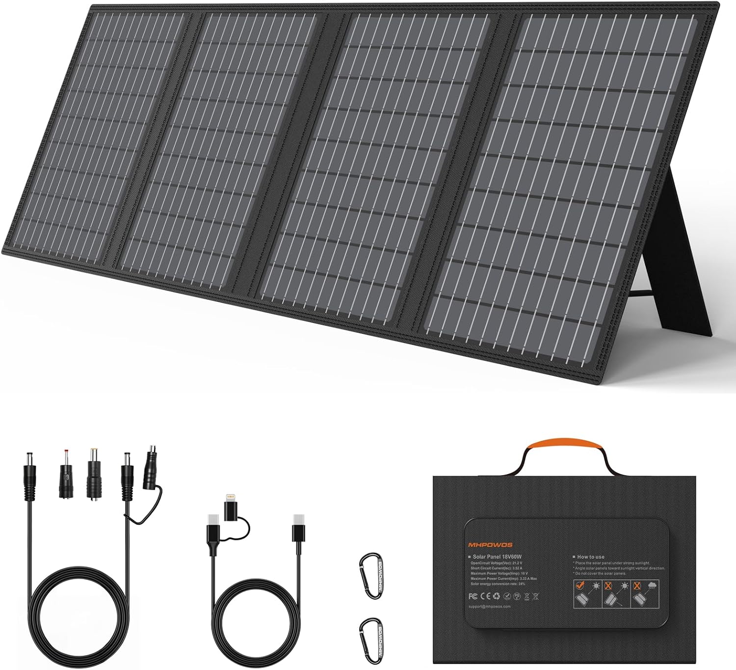 60W Portable Solar Panels Charger with USB-C, USB-A and DC Outputs | Foldable IP67 Waterproof Solar Phone Panel for