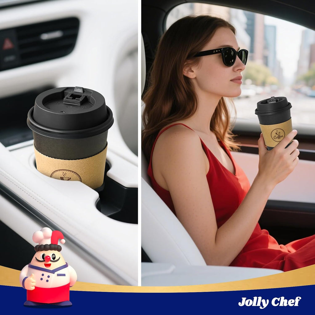 16 oz Black Coffee Cups with Lids, Sleeves & Stirrers 100 Pack