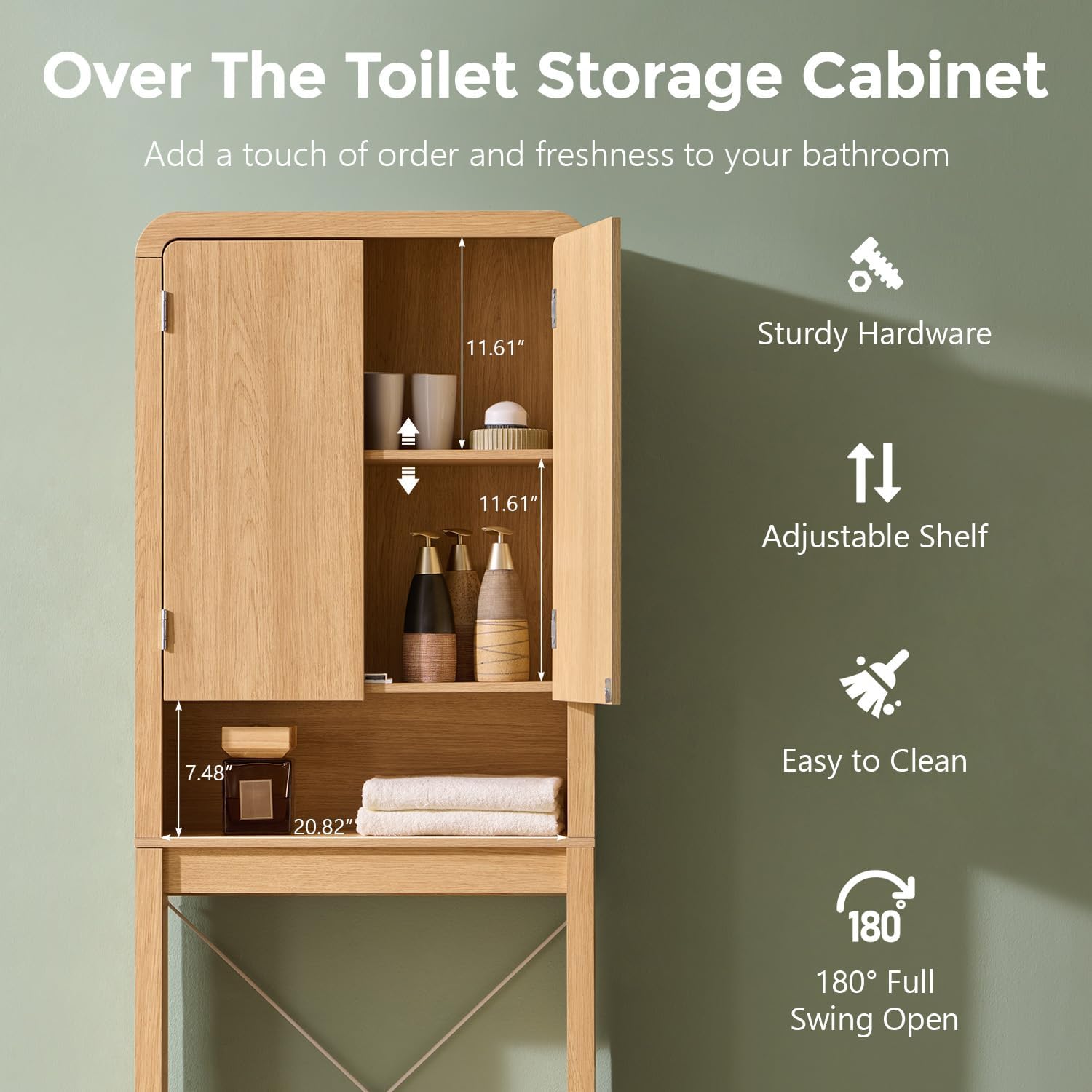 Over the Toilet Storage Cabinet, 69.69" Curved Bathroom Storage Organizer Cabinet with Doors and Adjustable Shelves