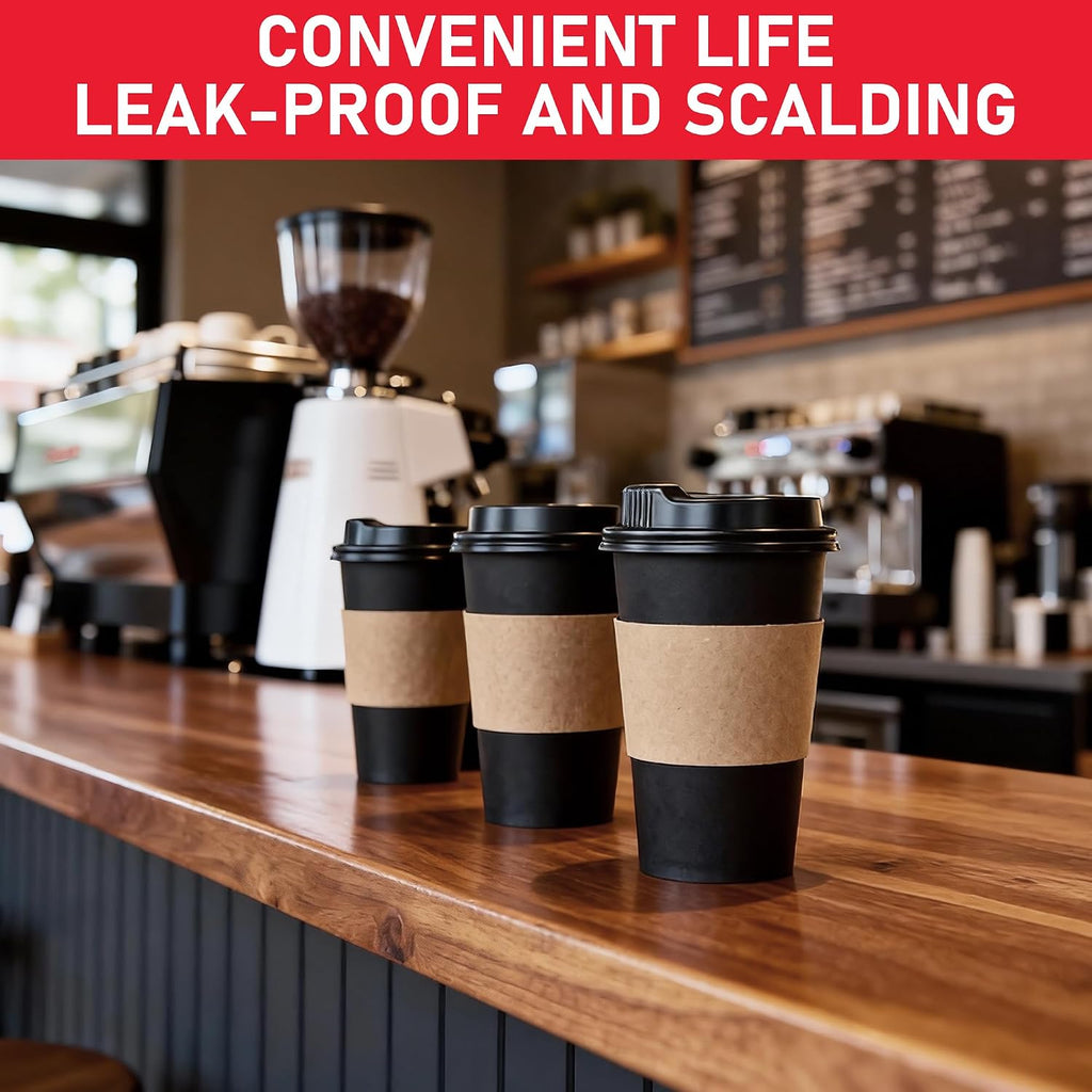 16 oz Coffee Cups with Lids 100 Pack, Sleeves and Stirring Sticks