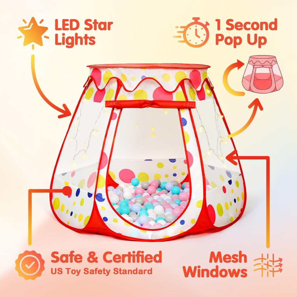 PopUp Princess Tent, Toddler Girl Toys Baby Ball Pit with LED Star Lights, Foldable Kid Play Tent with Carrying Bag