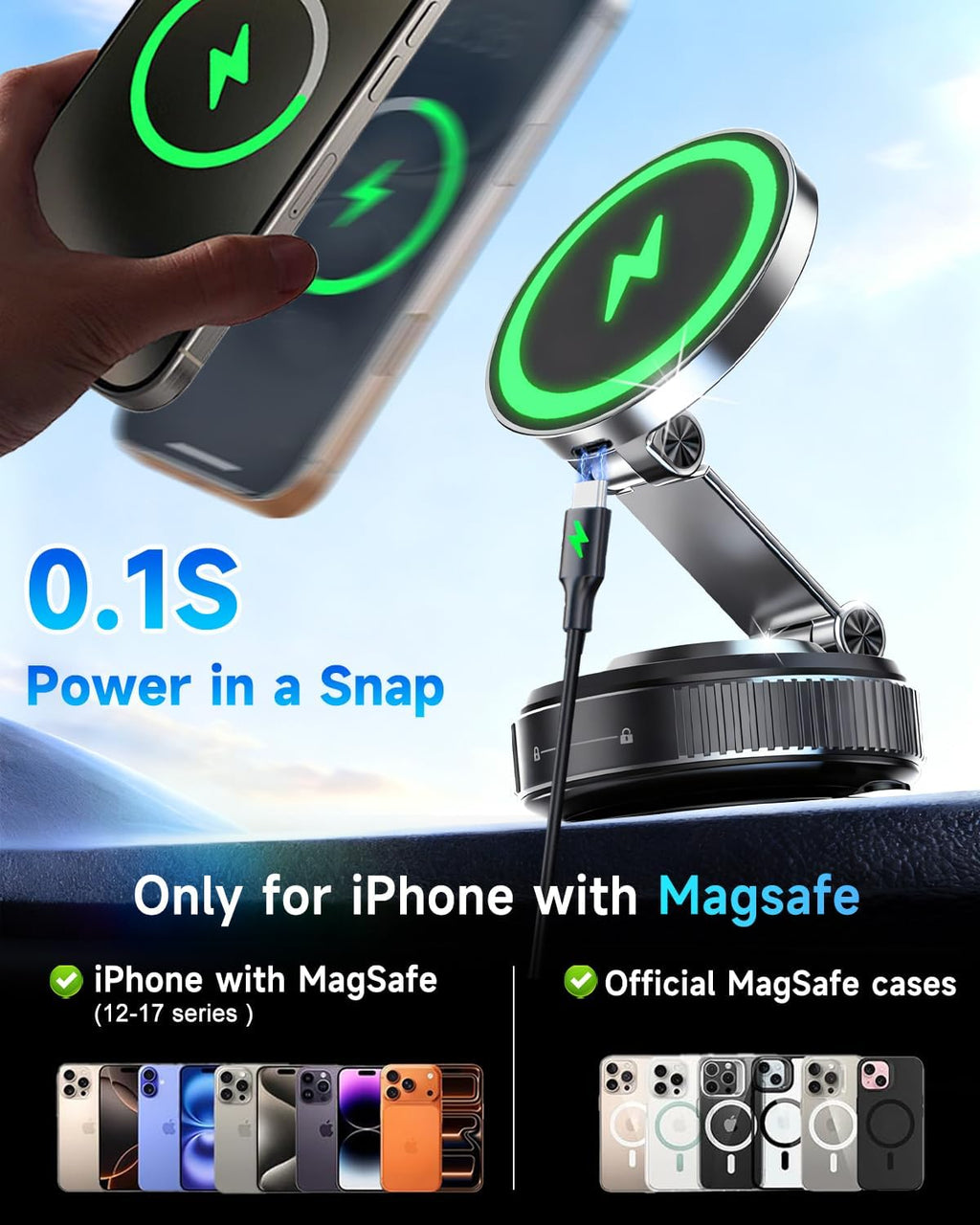 for MagSafe Car Mount Charger, 15W Fast Charging Magnetic Wireless Car Charger, Vacuum Magnetic Phone Holder [120LBS