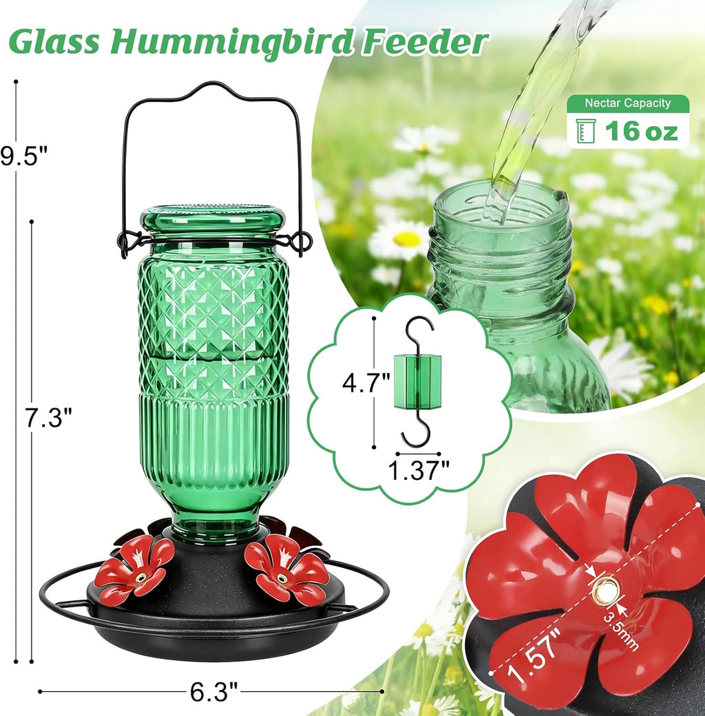 Glass Hummingbird Feeder 2 Pack, 16oz Leak-Proof with Ant Moat & Bee Guards, Easy Clean Wide Mouth, Metal Perches