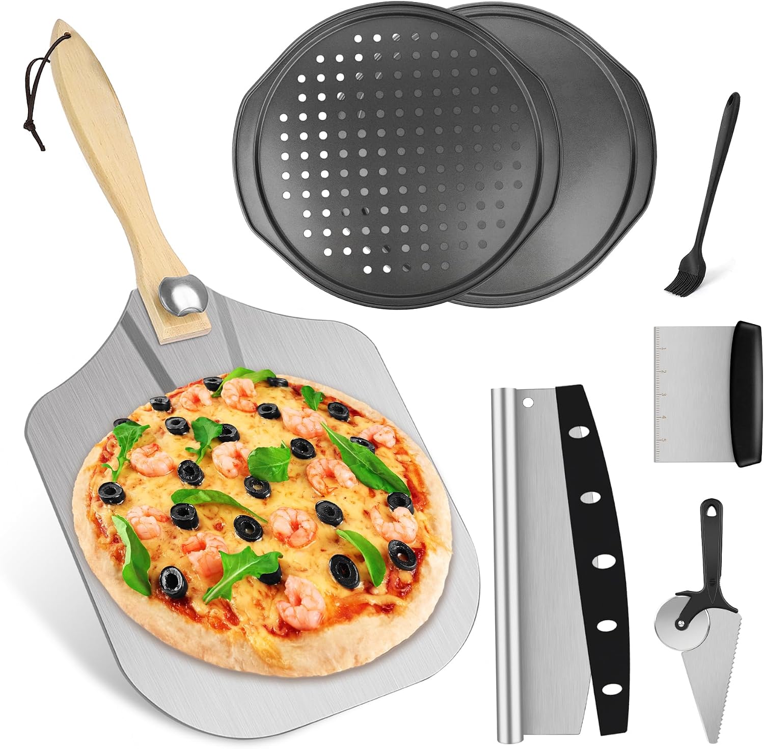 Pizza 7PCS Pizza Peel Pizza Pan Set, 12" x 14" Pizza Spatula, Aluminum Pizza Paddle with Rocker Cutter Scraper Pie