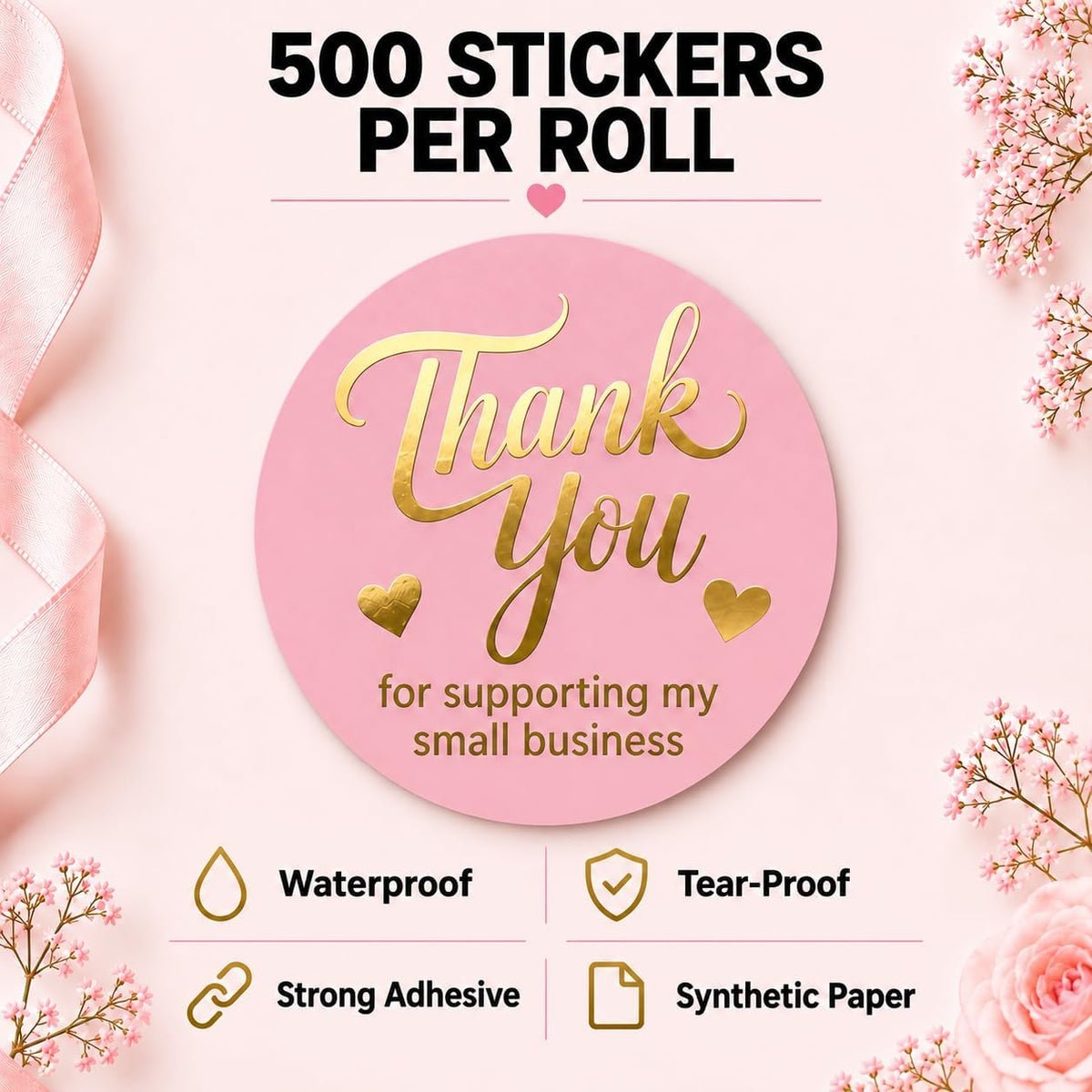 Pink Thank You Stickers, 500, 1.5” Round, Gold Foil