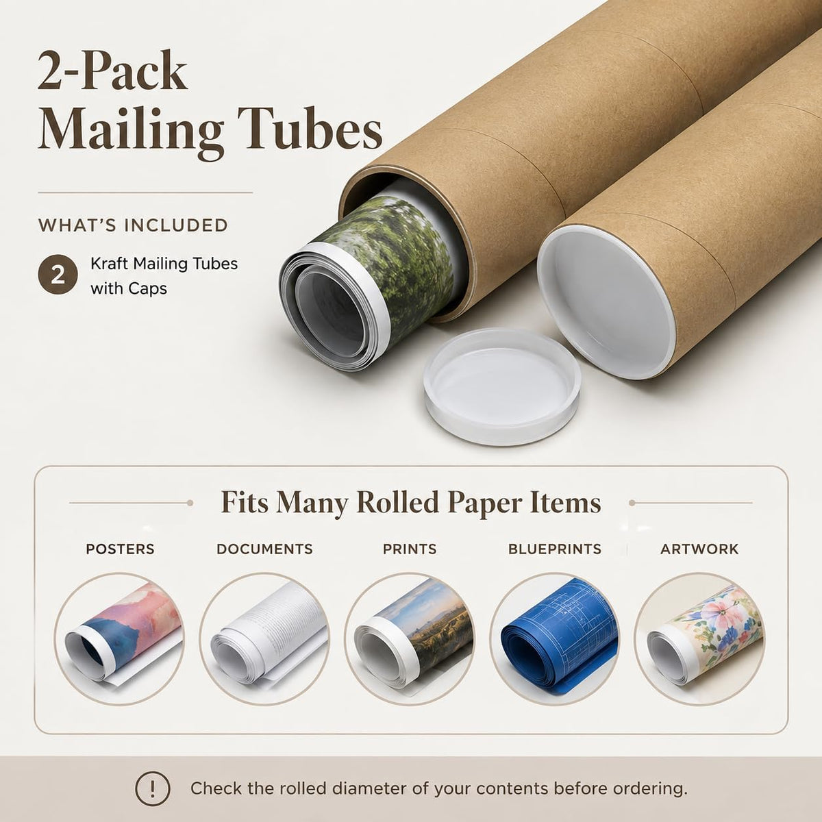 2-Pack 3 x 24 in Kraft Mailing Tubes with End Caps for Posters & Documents