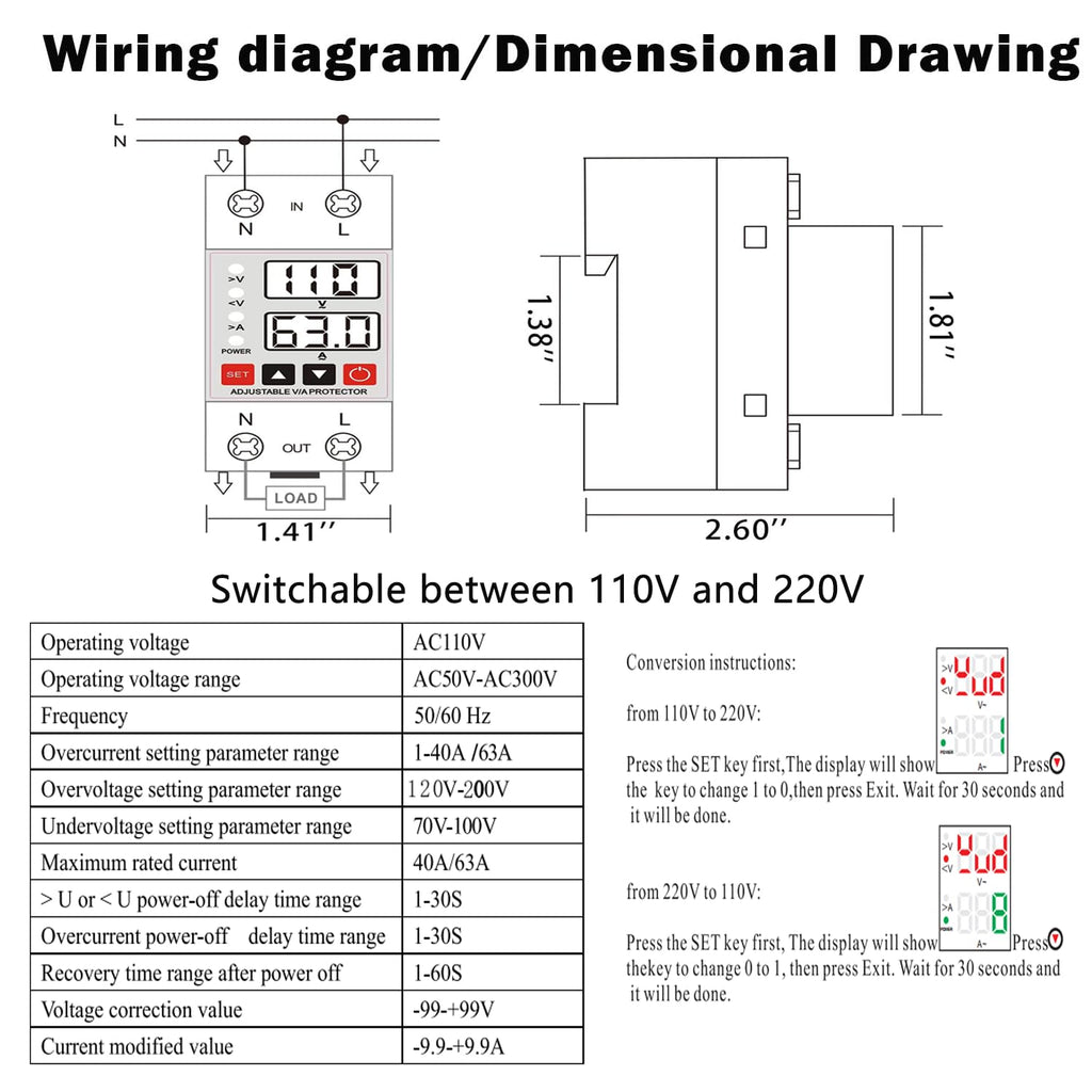 Voltage Protector 110V, 1-40A Adjustable Smart Circuit Breaker, 2 Pcs