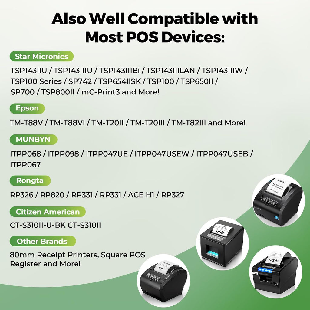 Thermal Paper 3 1/8 x 230ft, 12 Rolls Receipt Paper Work for Star Micronics TSP100 TSP143 Epson 80mm Receipt Printer