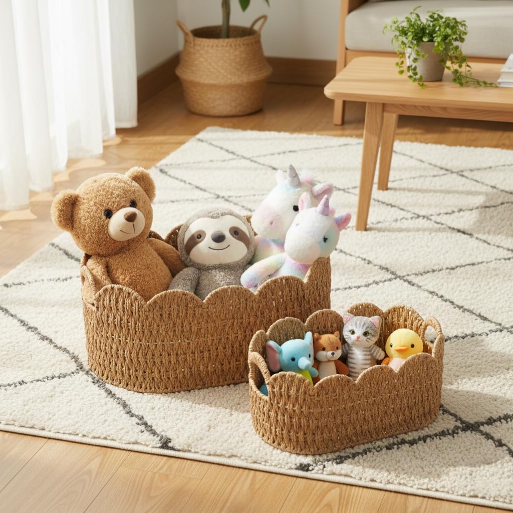 Paper Rope Scalloped Basket Set of 2,Woven Storage Baskets for Shelves,Laundry,Towels,Clothes,Books,Toys,Cute Decor
