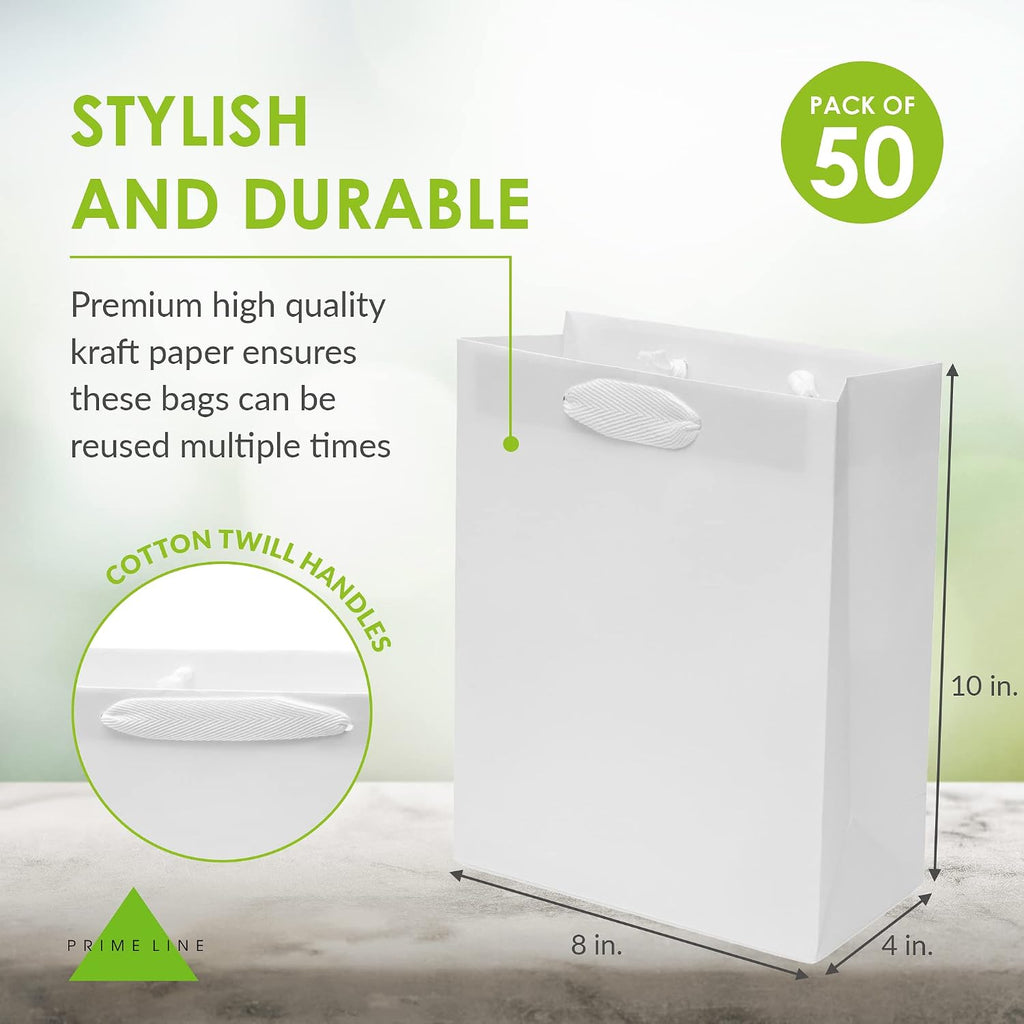 Small White Gift Bags, 8x4x10, 50 Pack Shopping Bags