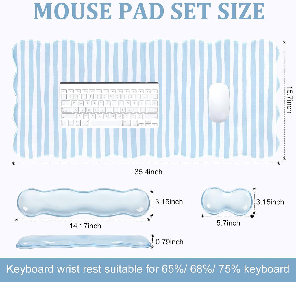 Blue Striped Mouse Pad Set,Scalloped XXL Desk Mat + Ergonomic Mouse Wrist Rest + Gel Keyboard Wrist Rest for Keyboard