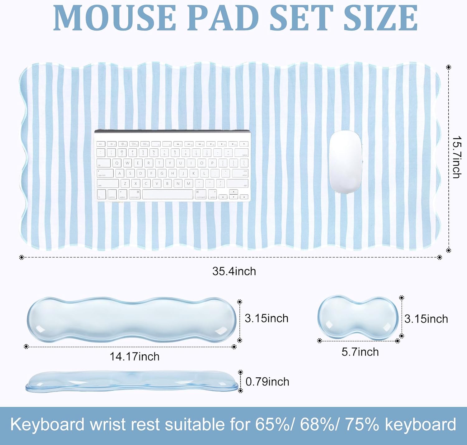 Blue Striped Mouse Pad Set,Scalloped XXL Desk Mat + Ergonomic Mouse Wrist Rest + Gel Keyboard Wrist Rest for Keyboard