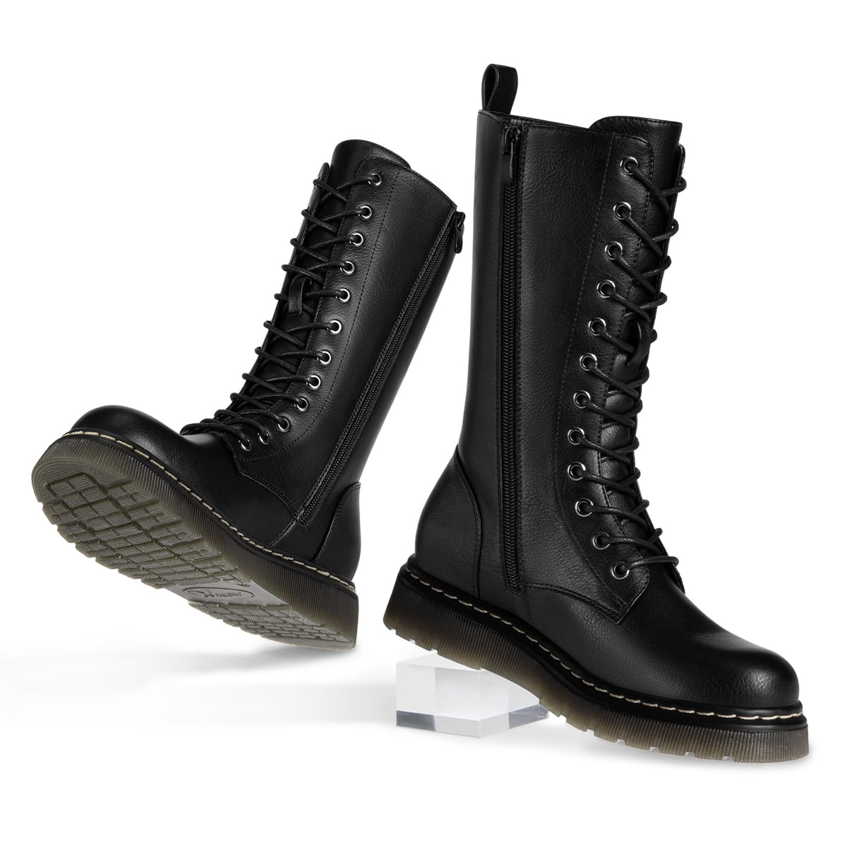 Women's Combat Boots Lace Up Mid Calf Black Boots with Side Zip