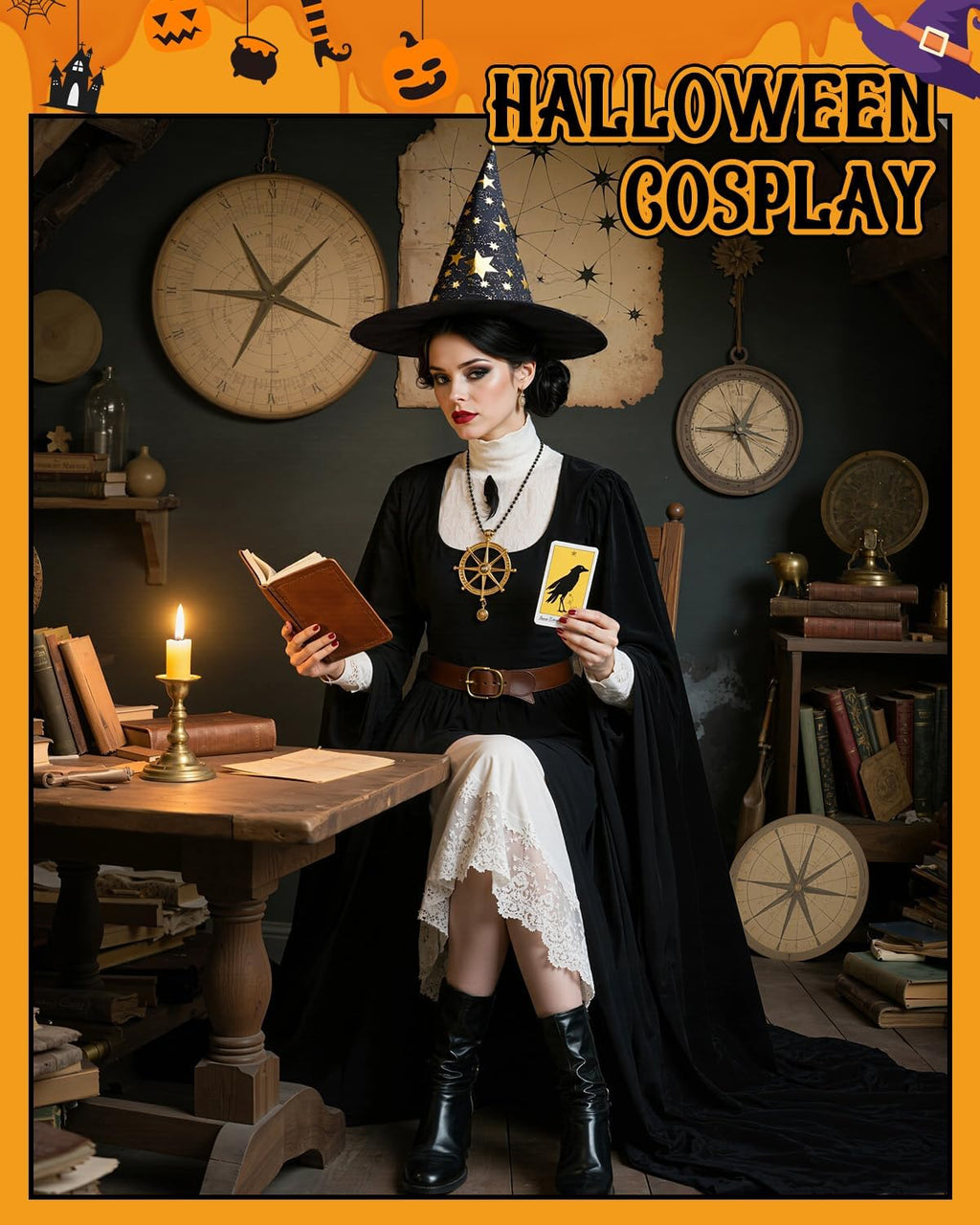 Witch Hat for Women Halloween Wizard Hat with Gold Star Party Hats for Adults Halloween Costume Accessories