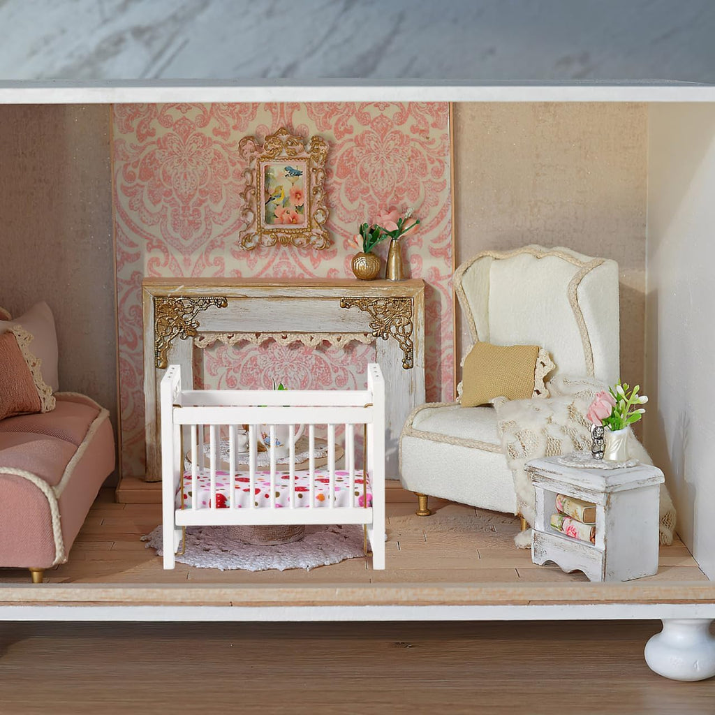 Miniature Dollhouse Crib White Mini Cot: Doll Crib Nursery Furniture with Bedding for Dollhouse Room Decor Pretend