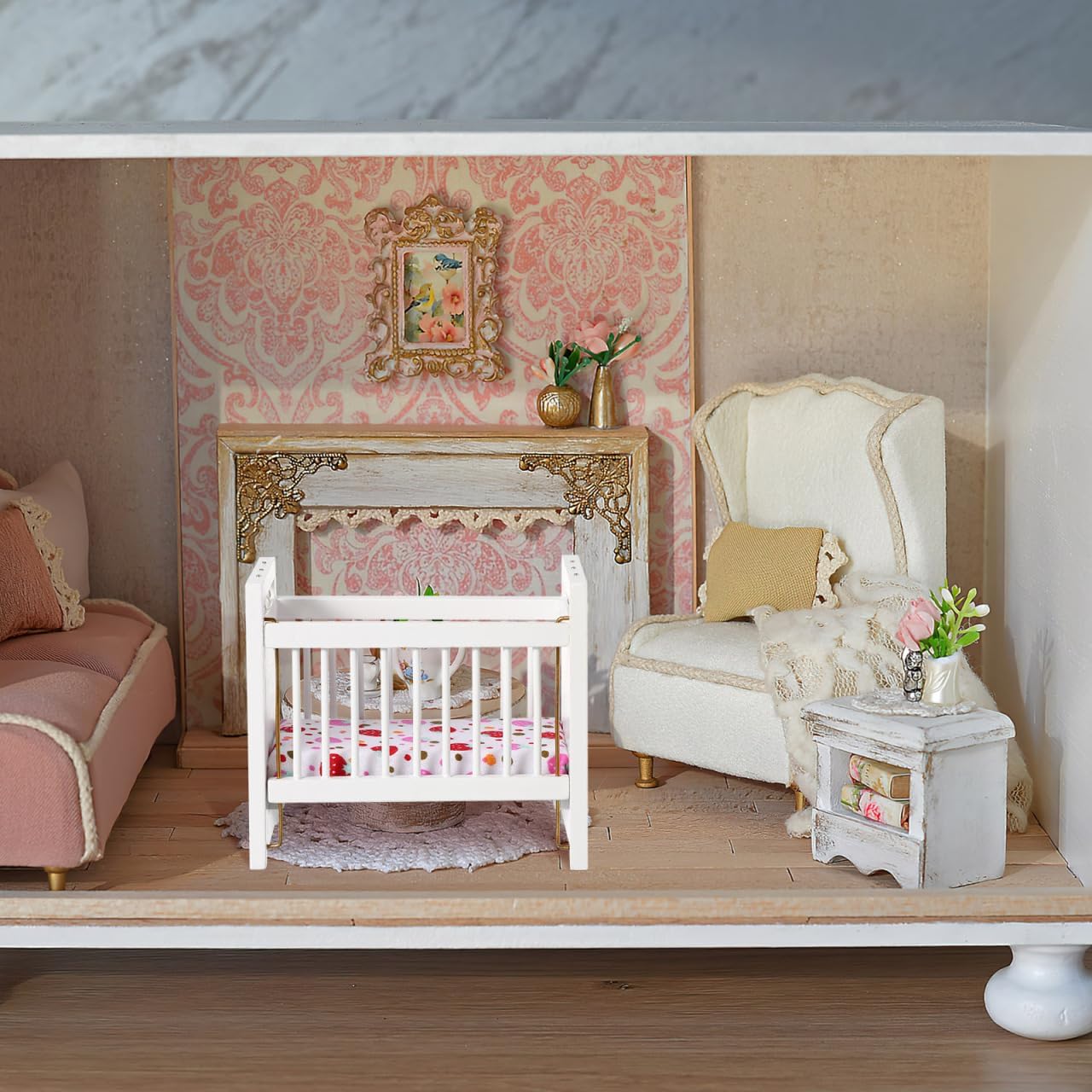 Miniature Dollhouse Crib White Mini Cot: Doll Crib Nursery Furniture with Bedding for Dollhouse Room Decor Pretend