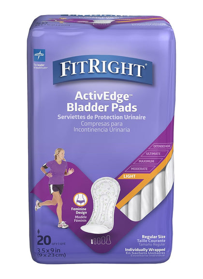 FitRight Incontinence Bladder Control Pads, Light Absorbency, 3.5" x 9", 20 Count