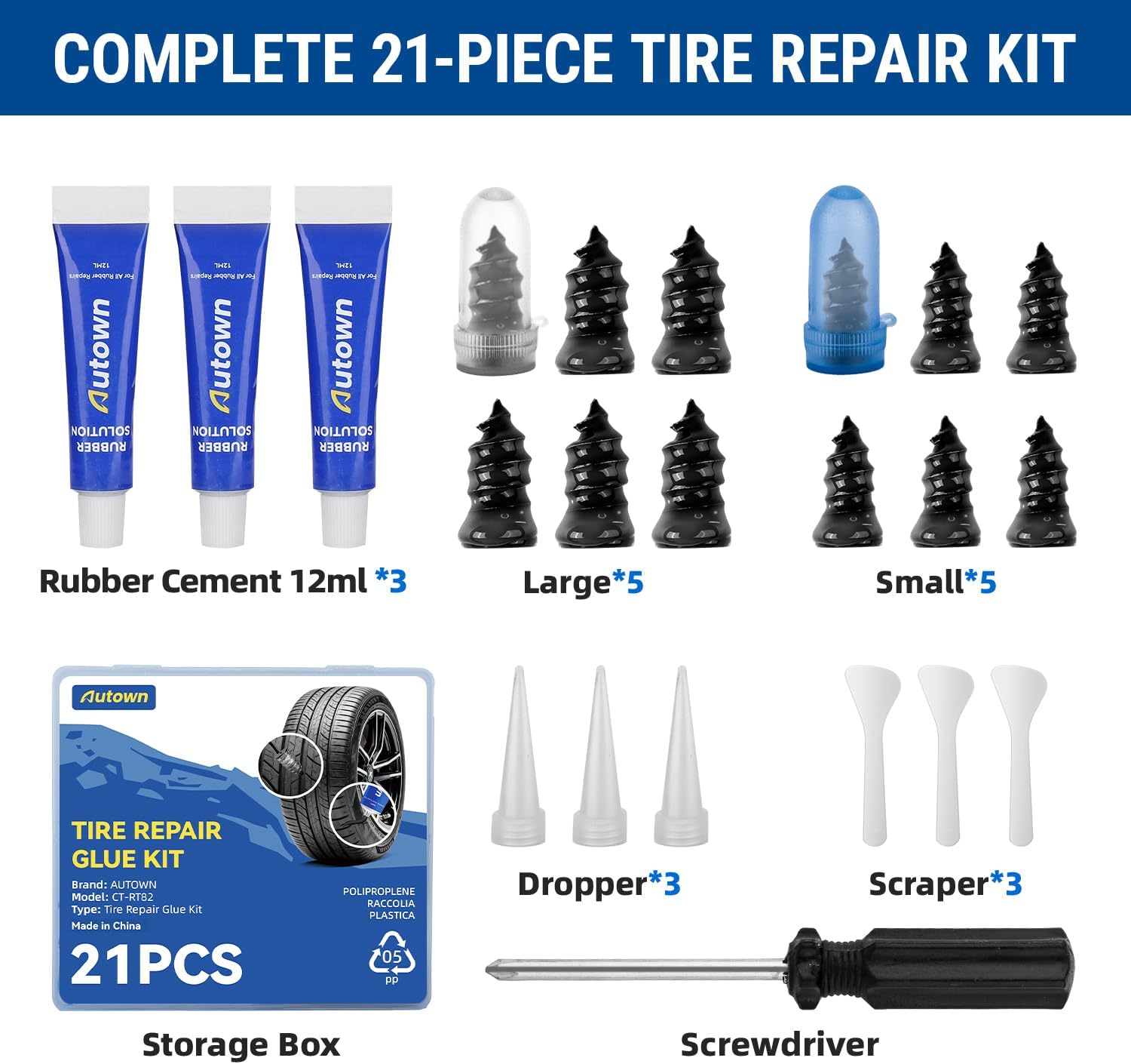 21PCS Tire Repair Rubber Nail Kit - Complete Screw Plug Kit with Glue, Fast Fix for Flat Tires on Car, Truck