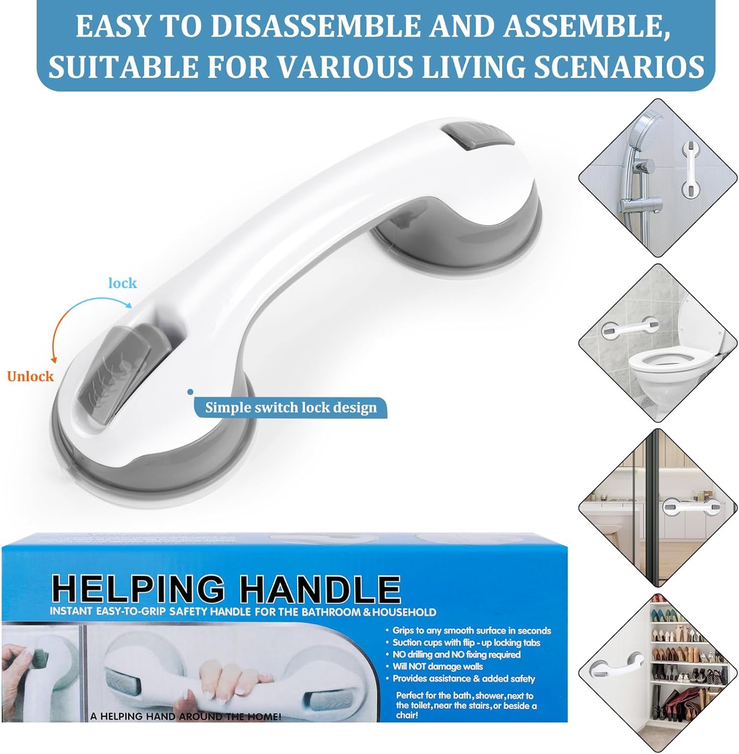Shower Handle 1 Pack Grab Bars for Bathtubs & Showers, 12 inch Grab Bars for Bathroom with Strong Hold Suction Cup