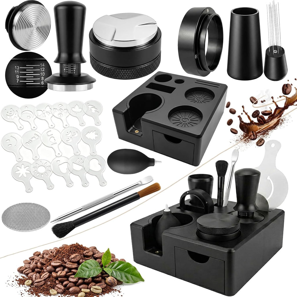 51mm Espresso Accessories Kit – 26PCS Tamping Station, Tamper, WDT Tool, Distributor, Dosing Funnel, Puck Screen, Air