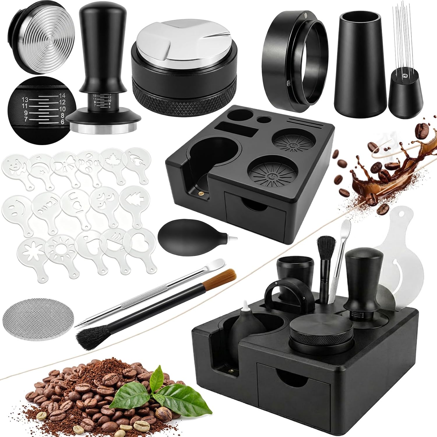 51mm Espresso Accessories Kit – 26PCS Tamping Station, Tamper, WDT Tool, Distributor, Dosing Funnel, Puck Screen, Air