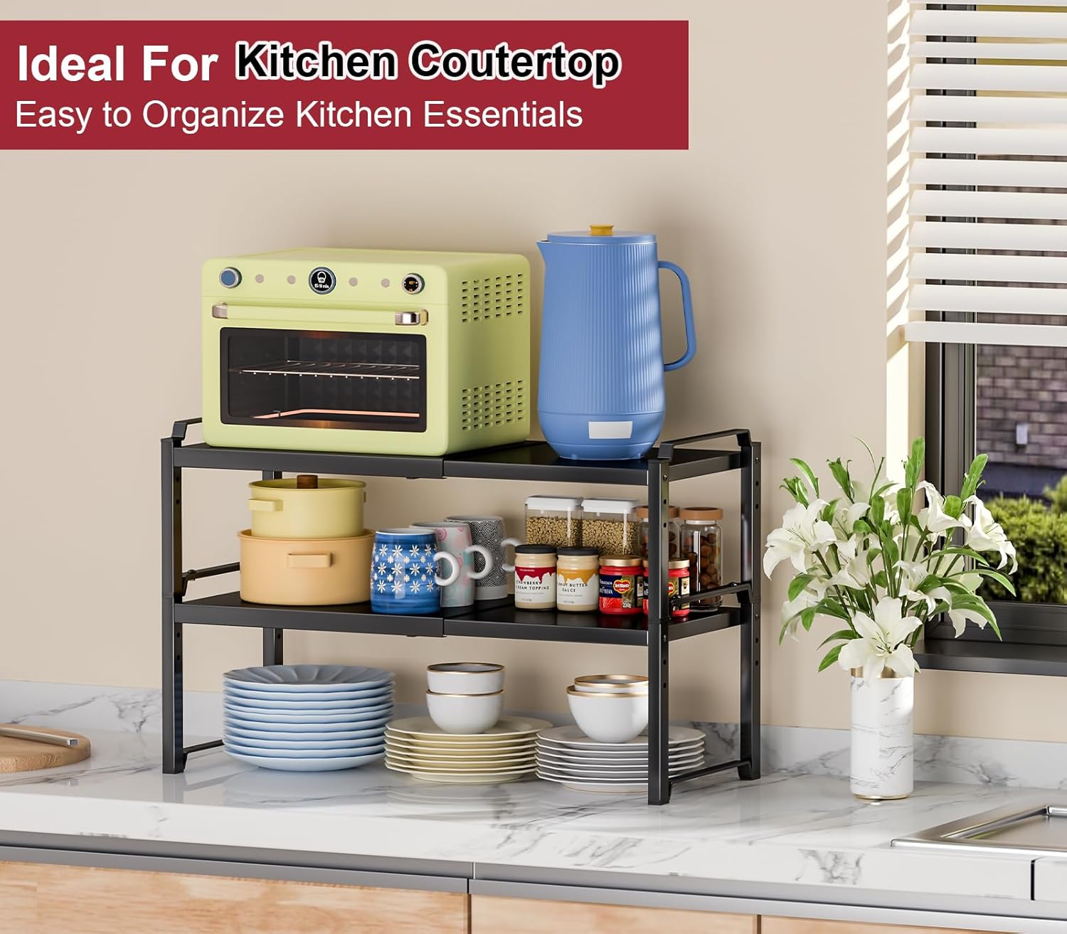 12" Wide 100LBS Loading-Bearing Heavy Duty Kitchen Storage Shelf, Expandable Cabinet Shelf Organizer, Stackable
