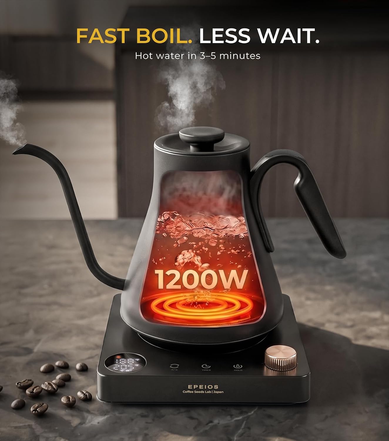 Gooseneck Electric Kettle 1°F Temperature Control,1200W,0.9L,Black | Rapid Heating, for Pour Over Coffee & Tea,Hot