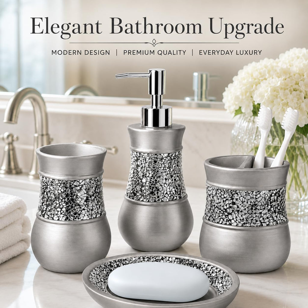 4 Pc. Resin Bathroom Accessory Set | Silver Crackled Glass | Includes Soap Dispenser, Toothbrush Holder, Tumbler Cup