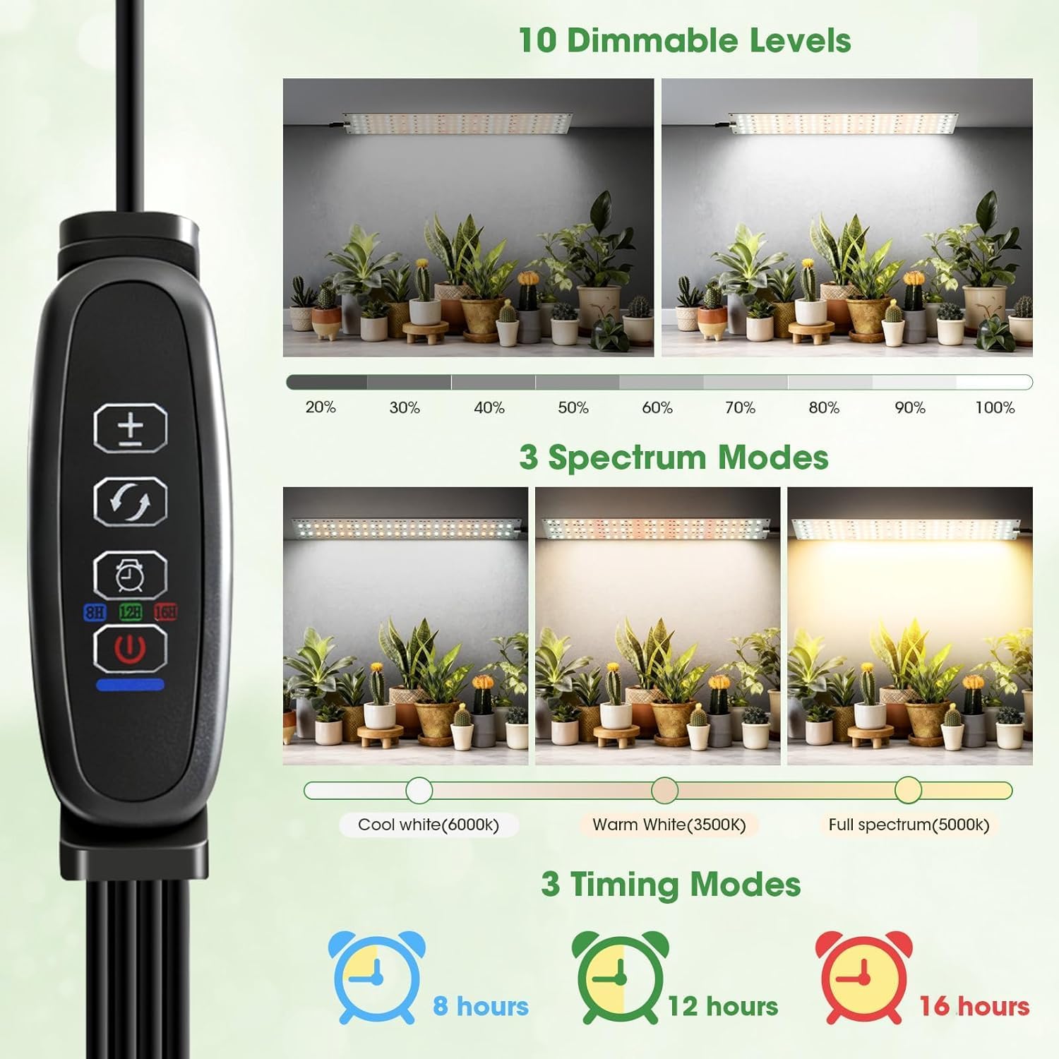 Grow Lights for Indoor Plants, Ultra-Thin Panel, 540LEDs Full Spectrum, 8/12/16H Timer, 10 Dimmable Levels