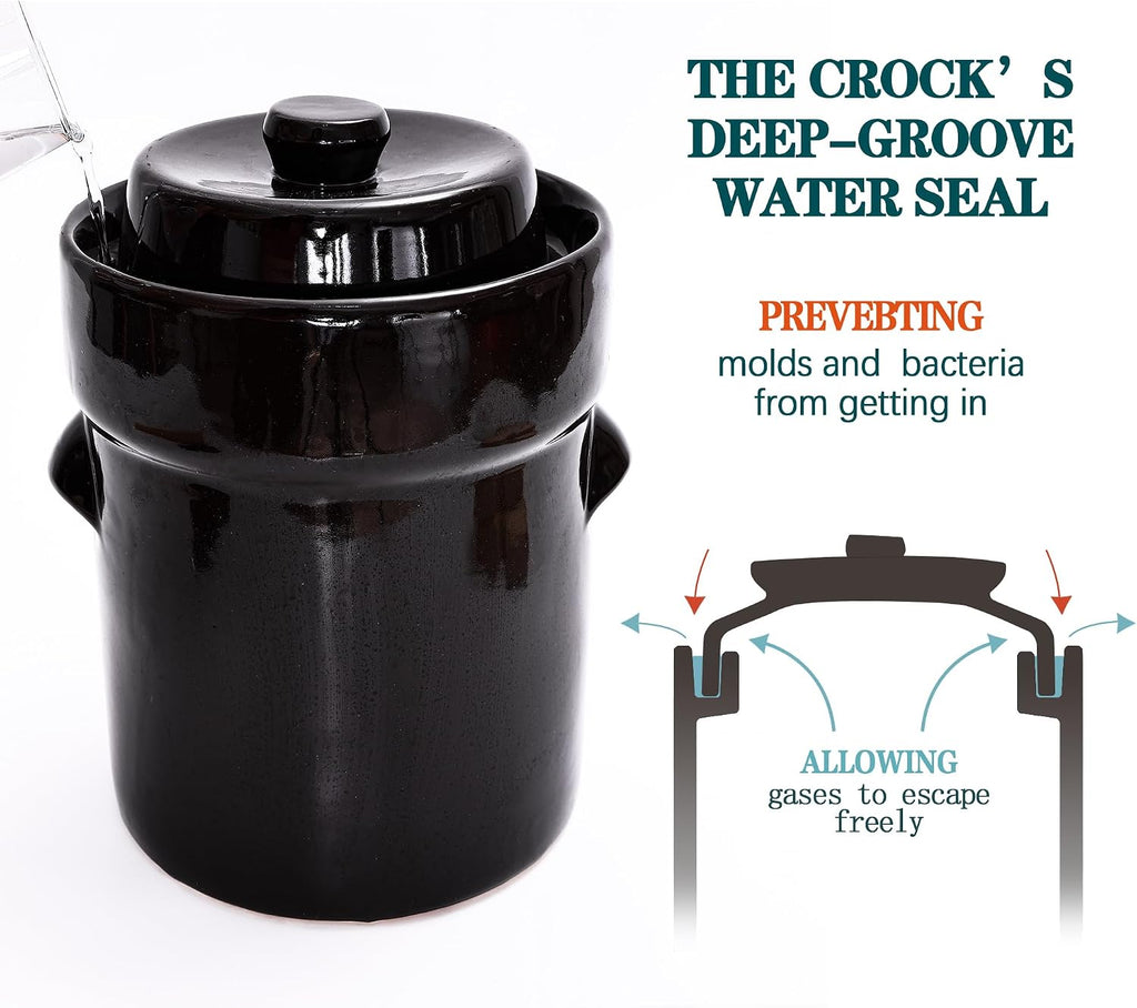Fermentation Crock Jar 2 Liter/0.5 Gallon - Stoneware Pot for Fermenting, Pickling Kimchi, Pickles, Vegetables